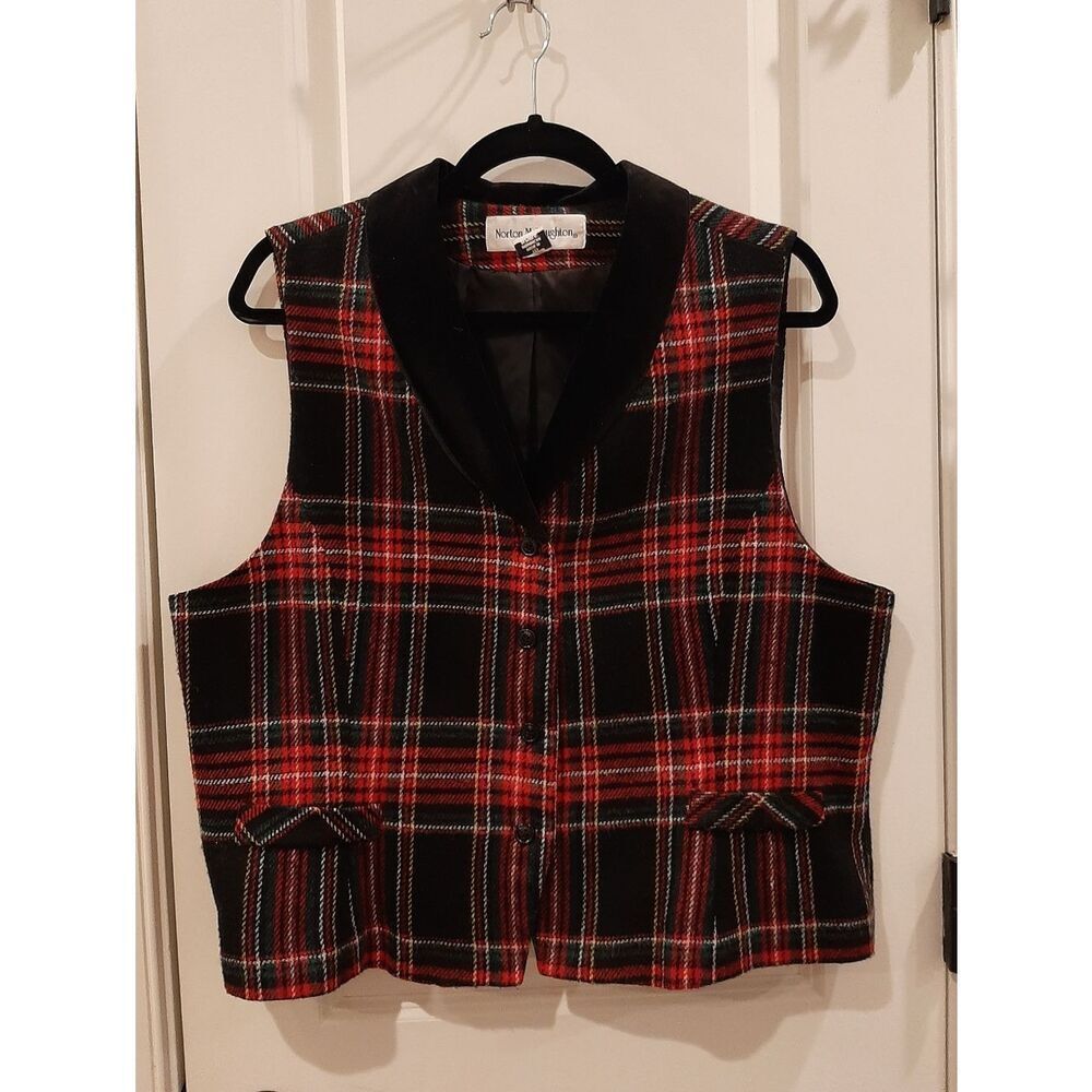 Vintage Tartan Plaid Vest Wool Blend Velvet Collar Holiday Preppy Size 16